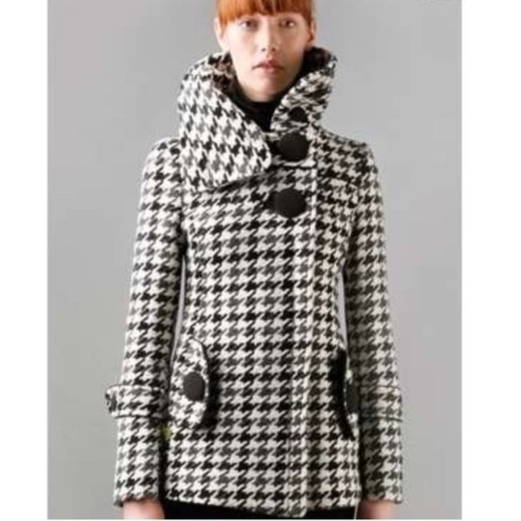 SOLD SOIA & KYO Houndstooth in Black / White/ gray coat jacket L missing button - Picture 1 of 8